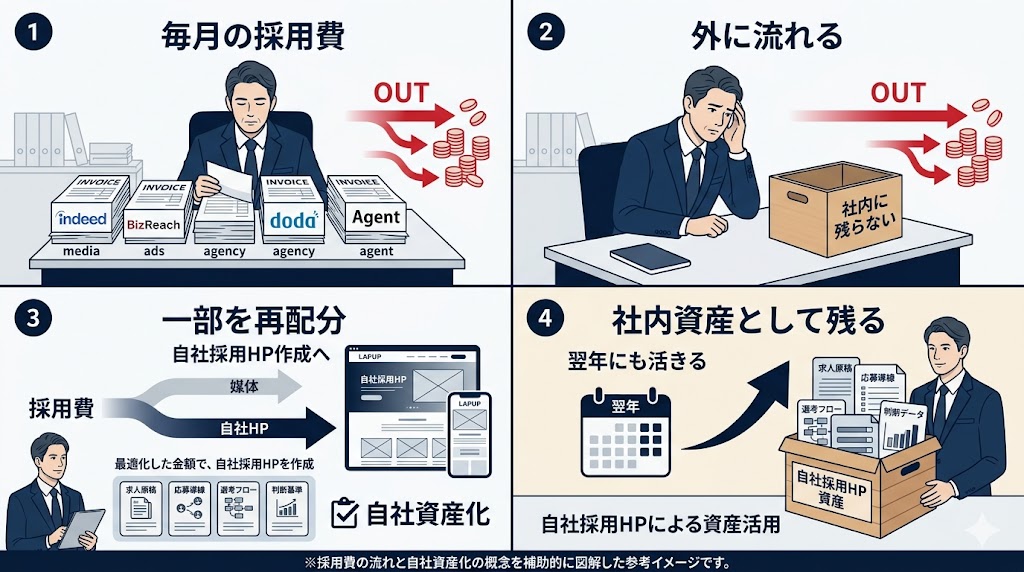 採用費の補助図解（4コマ）：①毎月の採用費 → ②外に流れて社内に残らない → ③一部を再配分し自社HP作成へ → ④社内資産として残る・翌年にも活きる
